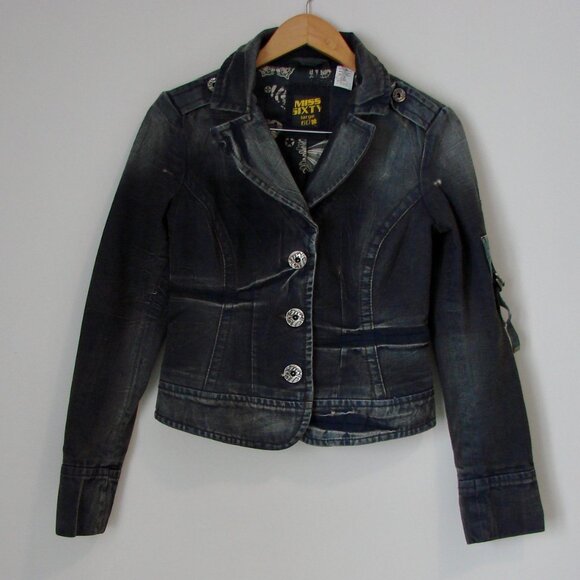 Vintage Y2K Miss Sixty Jacket Denim Jean Distressed Utility Gray Blue Medium - Picture 1 of 16